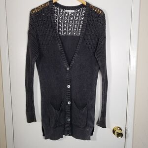 American Eagle Outfitters Fall Charcoal Grey Open Knit Cute Long Cardigan Sz XS